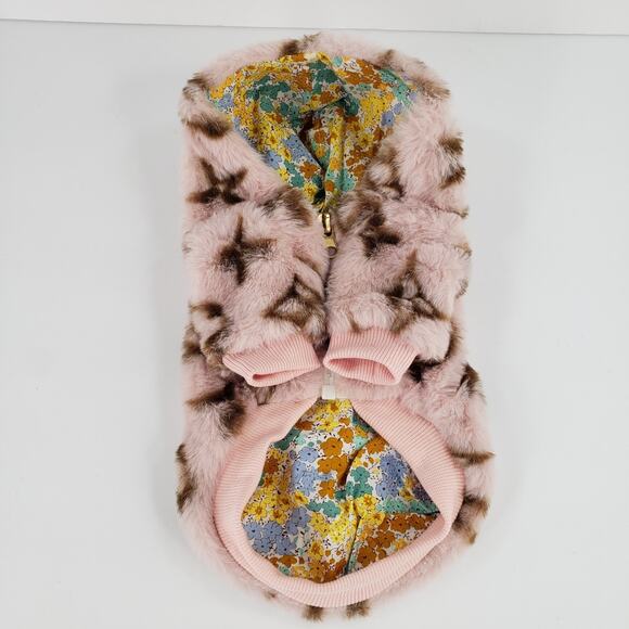 Tinoki Faux Fur XS Dog Cat Jacket Pink Brown Sweater Hoodie Reversible w/ Zipper - Picture 5 of 8